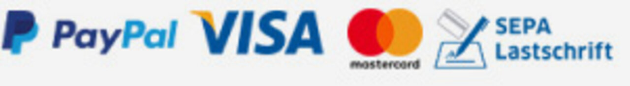 Logos der Zahlungsmögllichkeiten Paypal, Kreditkarte, SEPA Lastschrift